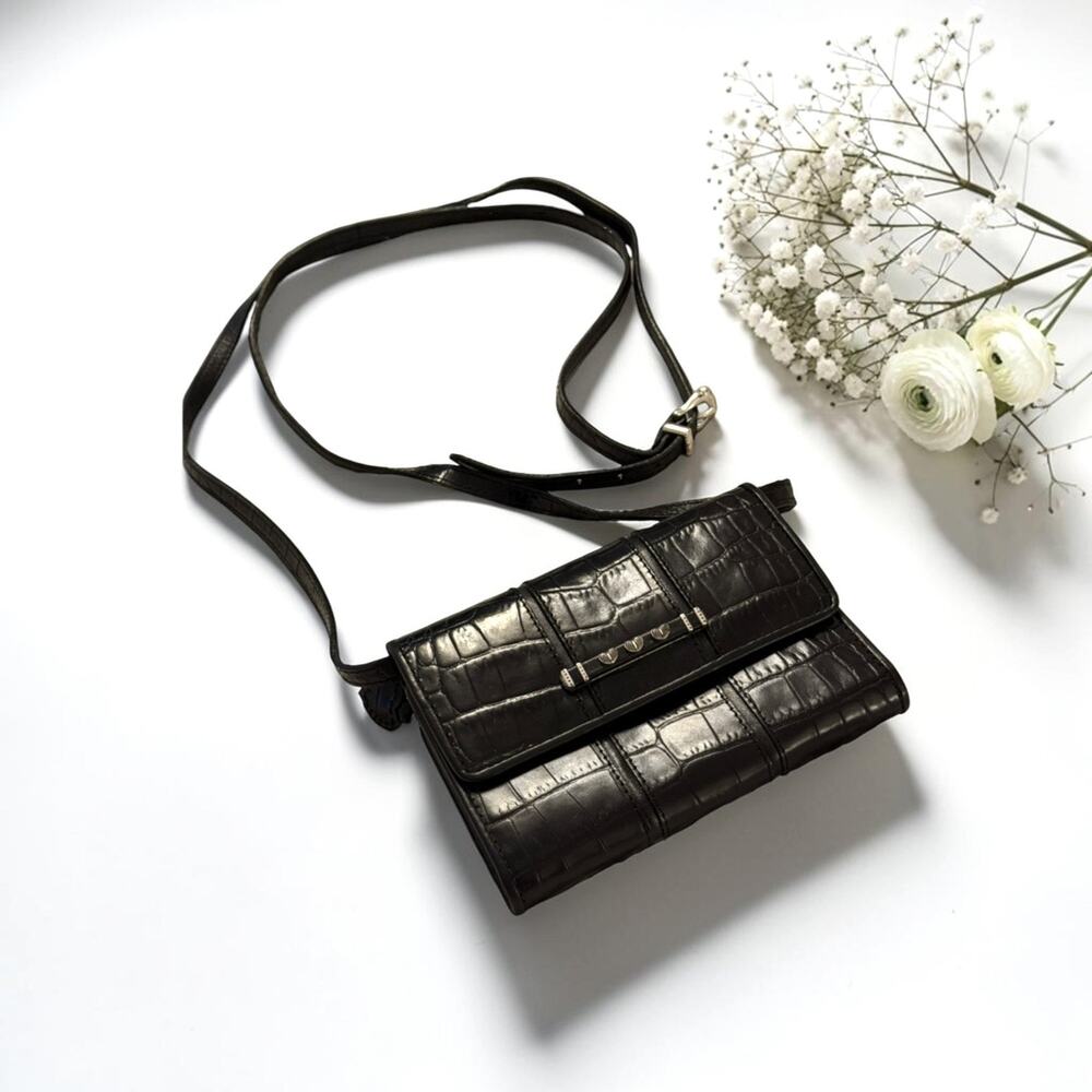 BRIGHTON Black Leather Croc Embossed Crossbody Mini Handbag Purse 3929/1